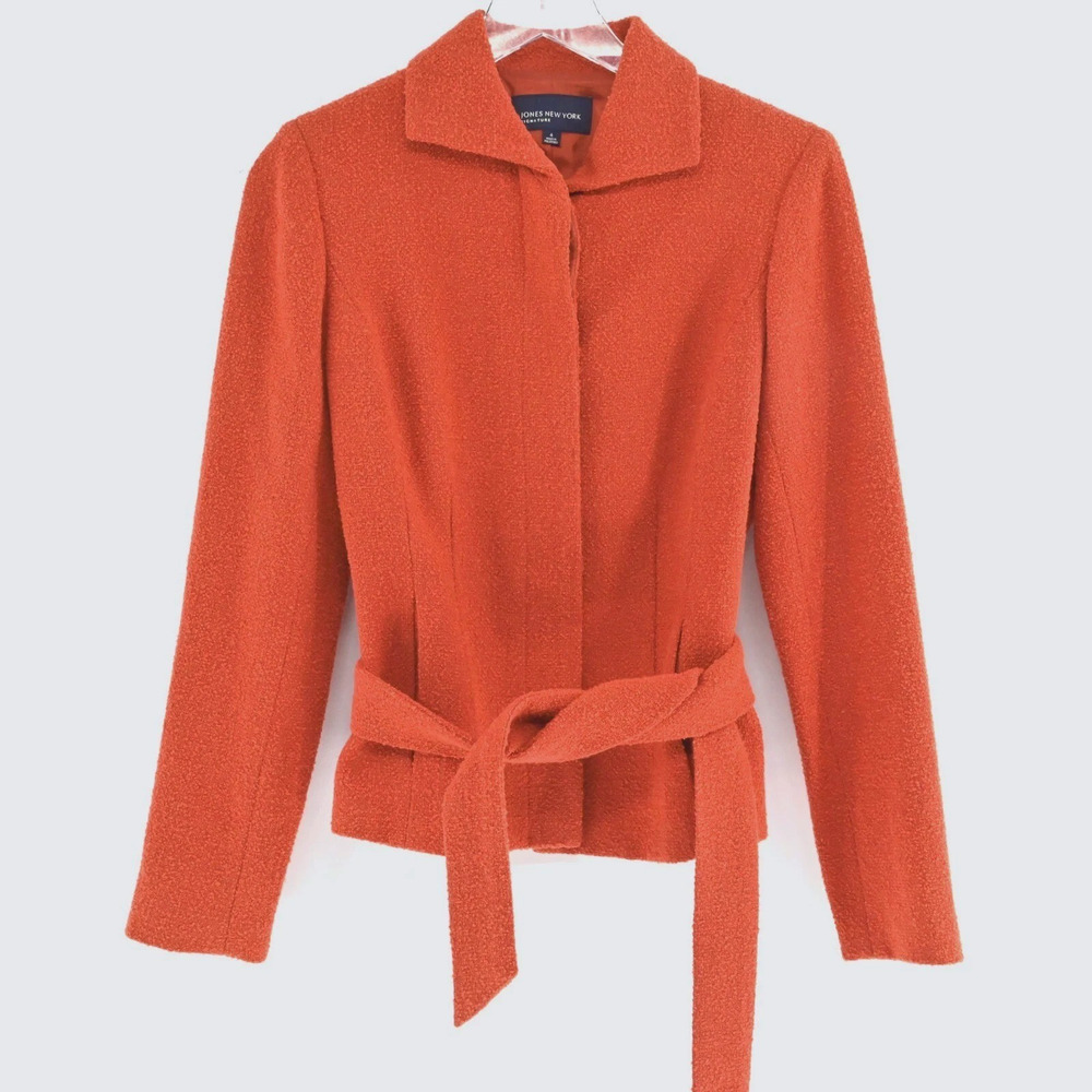 JONES NY Womens Wool Tweed Jacket Size 4 Red Orange Belted Button Retro Collared
